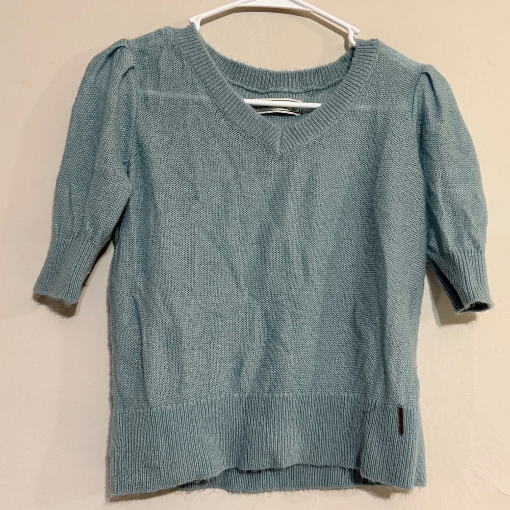 Abercrombie Fitch Light Blue‎ V Neck Puff Sleeve Knit Sweater Womens L Feminine